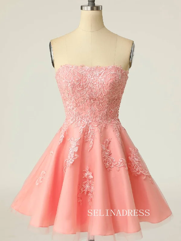 Strapless Pink Lace Appliues A-Line Short Party Dress SEA015 Tunics Satin smooth