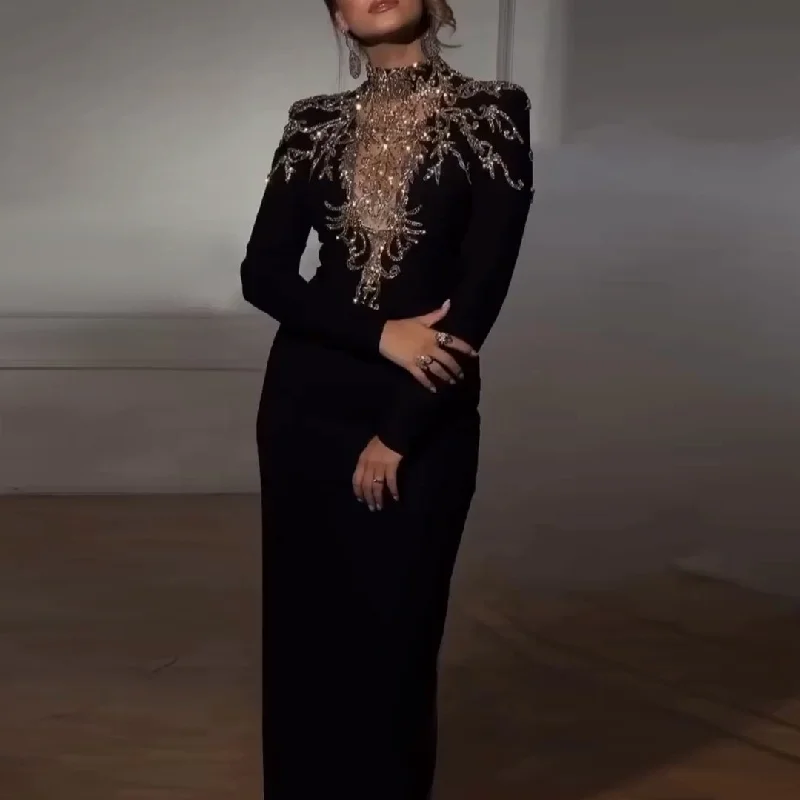 Elegant Black Long Sleeves Evening Dress with Gold Beaded SS217 Boatneck Modish Everyday Elegant Black Long Sleeves Evening Dress with Gold Beaded SS217 Boatneck Modish Everyday