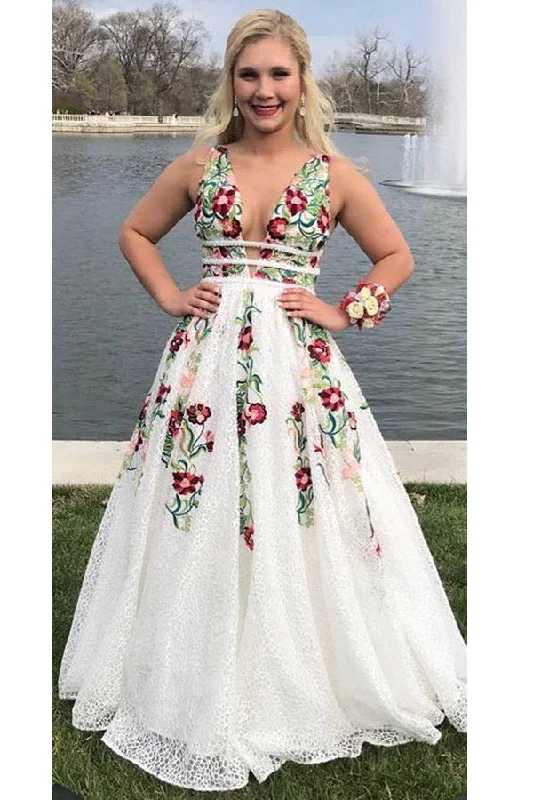 A Line Floral Embroidery Lace Prom Dress Backless Party Dress Tunics Stylish modern