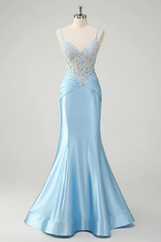 Blue Mermaid Spaghetti Straps Corset Appliqued Prom Dress Tunics Luxurious high-end