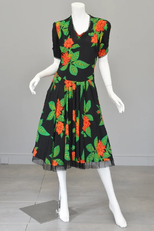 Vintage 1940s Novelty Print Party Dress Tropical Print Tunics New arrival