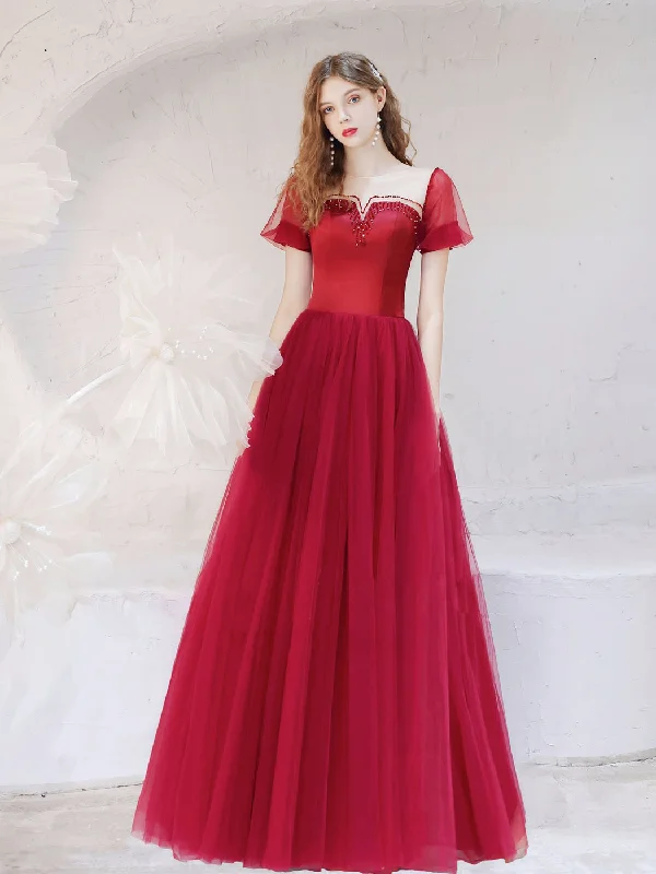 A-Line Burgundy Long Prom Dresses, Tulle Burgundy Evening Dresses with Beading Tunics Fall fleece A-Line Burgundy Long Prom Dresses, Tulle Burgundy Evening Dresses with Beading Tunics Fall fleece