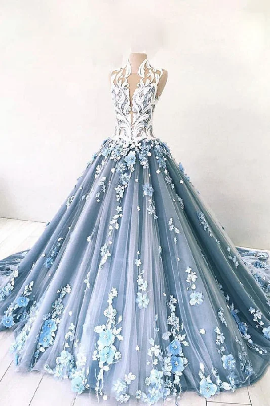 Ball Gown Sky Blue Tulle Prom Dress Floral Party Dress Tunics Fall fleece
