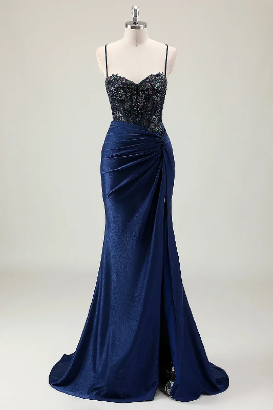 Dark Navy Mermaid Sparkly Sequins Spaghetti Straps Prom Dress with Slit Tunics Sale discount Dark Navy Mermaid Sparkly Sequins Spaghetti Straps Prom Dress with Slit Tunics Sale discount