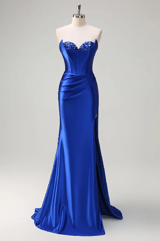 Royal Blue Mermaid Strapless Corset Sequin Ruched Long Prom Dress with Slit Tunics Timeless classic Royal Blue Mermaid Strapless Corset Sequin Ruched Long Prom Dress with Slit Tunics Timeless classic