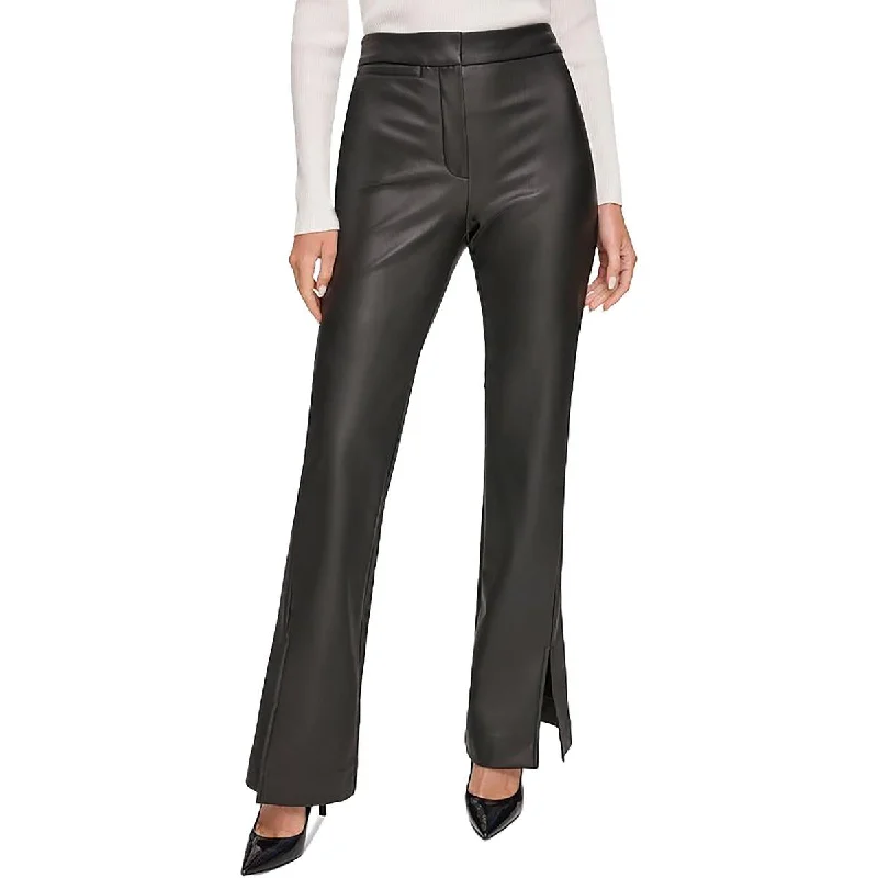 DKNY Womens Mid-Rise Faux Leather Flared Pants Chic Faux Leather Pants