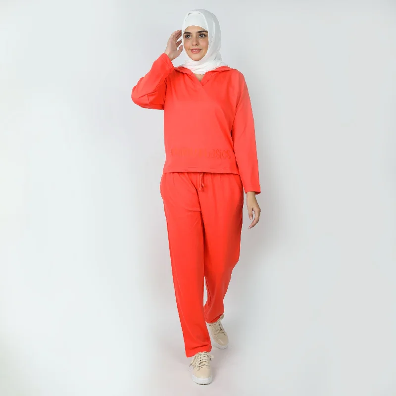 Women's 2pcs Hoodie Set - Orange Hoodie with Side Slits Relaxed Casual