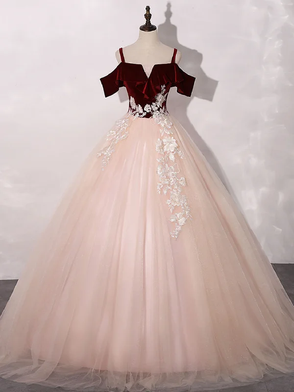 Pink/Burgundy Tulle Long Prom Dresses, A-Line Formal Sweet 16 Dress with Lace Tunic Top Casual Pink/Burgundy Tulle Long Prom Dresses, A-Line Formal Sweet 16 Dress with Lace Tunic Top Casual
