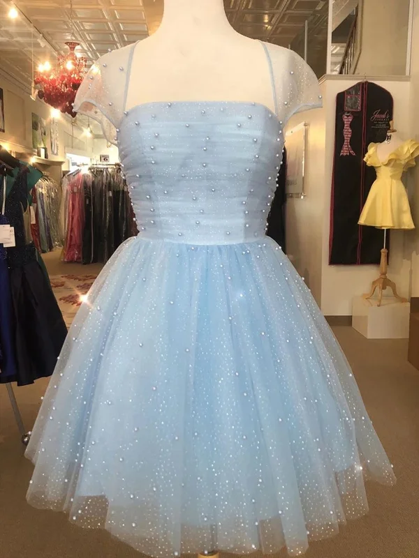 Cap Sleeves Short Beaded Prom Dresses, Short Blue White Yellow Graduation Homecoming Dresses Tunics Fall fleece Cap Sleeves Short Beaded Prom Dresses, Short Blue White Yellow Graduation Homecoming Dresses Tunics Fall fleece