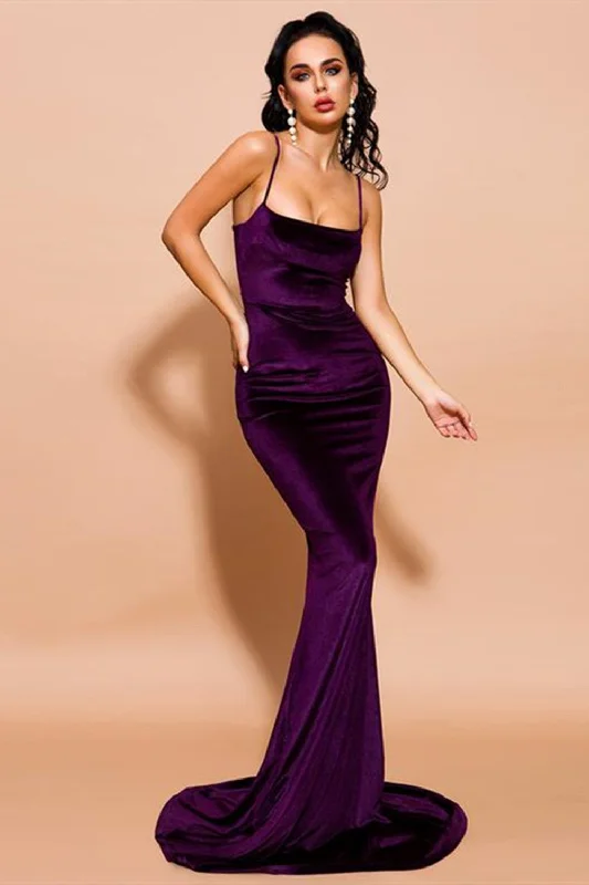 Stylish Velvet Mermaid Prom Party Dress Velvet Spaghetti Straps Satin Halter Glamorous Stylish Velvet Mermaid Prom Party Dress Velvet Spaghetti Straps Satin Halter Glamorous