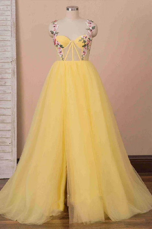 A Line Sweetheart Yellow Tulle Prom Dress Floral Party Dress Tunics Top rated