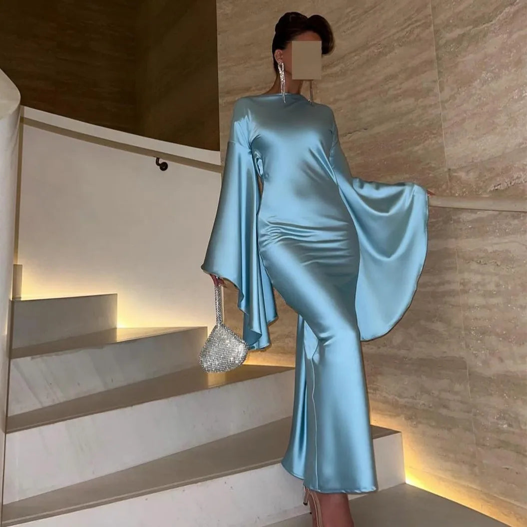 Light Blue Mermaid Evening Dress with Flare Long Sleeves SF027 Tunics Fleece cozy