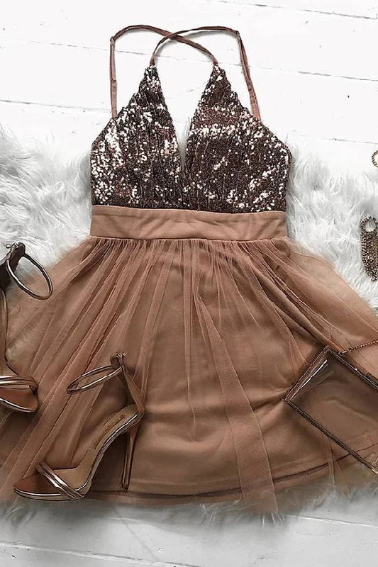 Sparkly Brown Tulle A Line Short Prom Dress,Homecoming Dress School Party Dress OKO74 Turtleneck Neckline Stylish Sparkly Brown Tulle A Line Short Prom Dress,Homecoming Dress School Party Dress OKO74 Turtleneck Neckline Stylish