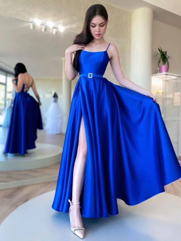 Backless Royal Blue Satin Long Prom Dresses, Open Back Royal Blue Long Formal Evening Dresses A-Line Day Work Backless Royal Blue Satin Long Prom Dresses, Open Back Royal Blue Long Formal Evening Dresses A-Line Day Work