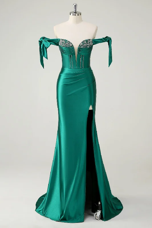 Dark Green Mermaid Off The Shoulder Sequin Prom Dress with Slit Tunics Custom made