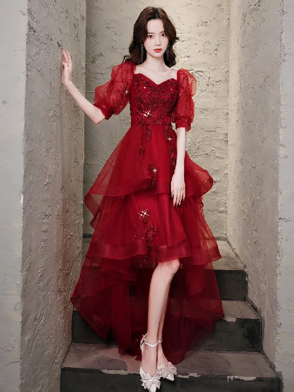 Burgundy High Low Tulle Lace Prom Dress, Burgundy Homecoming Dresses Tunics Chic fashionable Burgundy High Low Tulle Lace Prom Dress, Burgundy Homecoming Dresses Tunics Chic fashionable