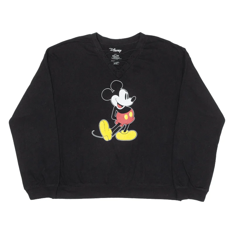 DISNEY Mickey Mouse Sweatshirt Black V-Neck Womens 2XL Hoodie with Elastic Cuffs Stretchable Comfortable