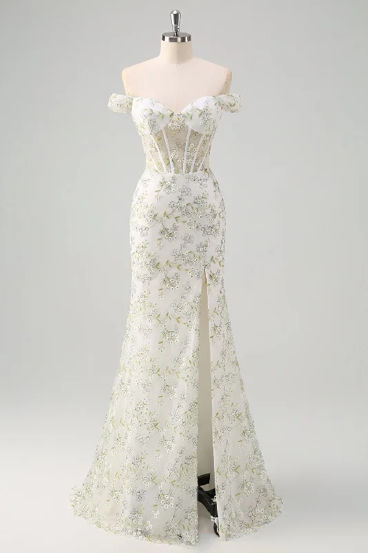 Light Green Mermaid Off the Shoulder Corset Long Prom Dress with Embroidery Floral Print girly Light Green Mermaid Off the Shoulder Corset Long Prom Dress with Embroidery Floral Print girly