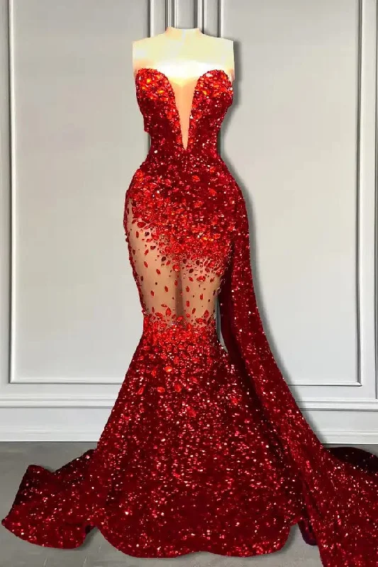 Red Mermaid Party Dresses Sweetheart Sequin Ruffle Floor Length Prom Dress Tunics Satin smooth Red Mermaid Party Dresses Sweetheart Sequin Ruffle Floor Length Prom Dress Tunics Satin smooth