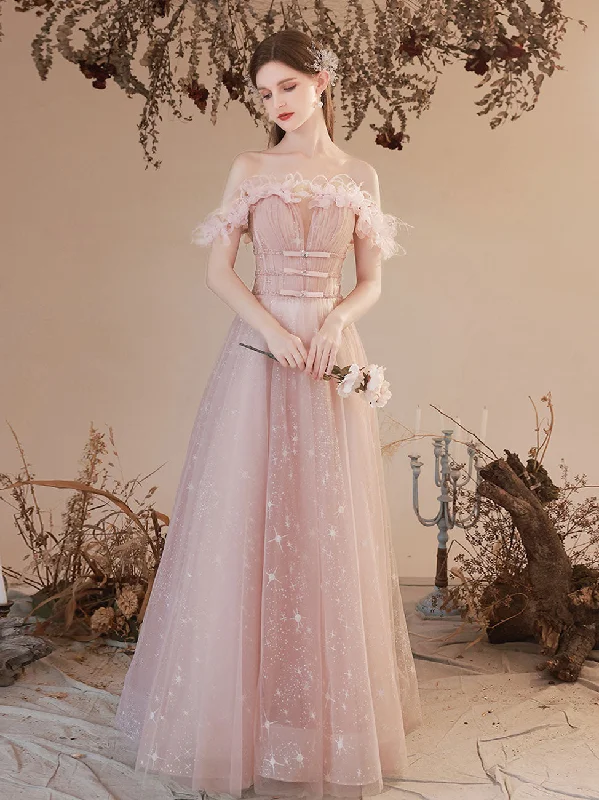 A Line Pink Long Prom Dresses, Off Shoulder Pink Formal Dress with Beading Flowers Tunics Leisure comfortable A Line Pink Long Prom Dresses, Off Shoulder Pink Formal Dress with Beading Flowers Tunics Leisure comfortable