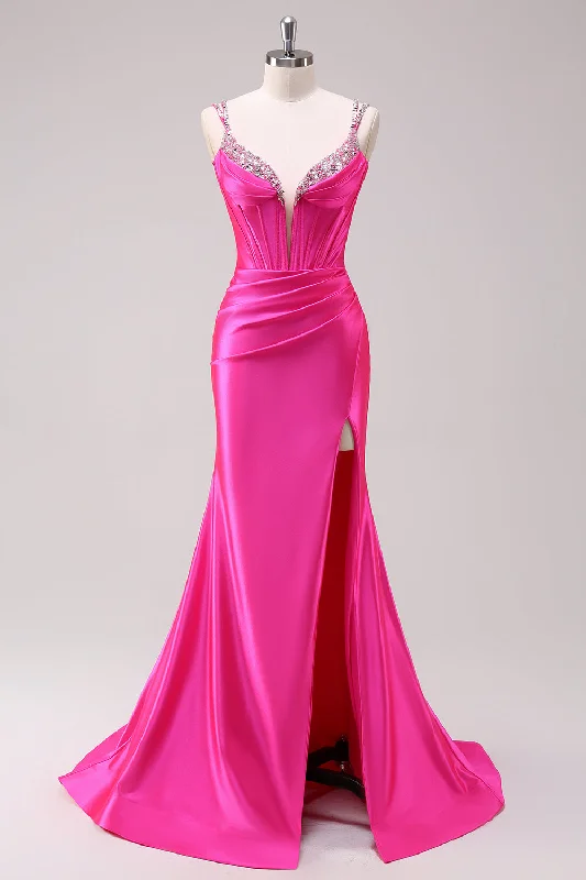 Fuchsia Mermaid Spaghetti Straps Corset Sequin Prom Dress with Slit Tunics Trousers formal Fuchsia Mermaid Spaghetti Straps Corset Sequin Prom Dress with Slit Tunics Trousers formal