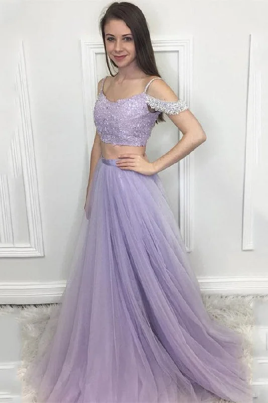 Lilac Two Piece Open Shoulder Prom Dress Beaded Party Dress Tunics Spring floral