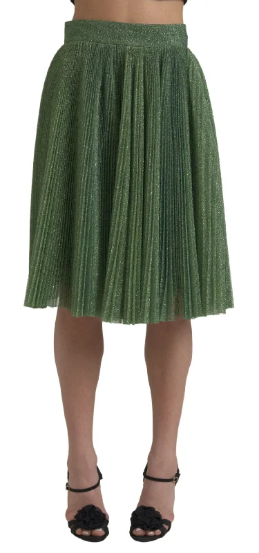 Dolce & Gabbana Enchanting Metallic Green Pleated A-Line Skirt denim skirt trendy