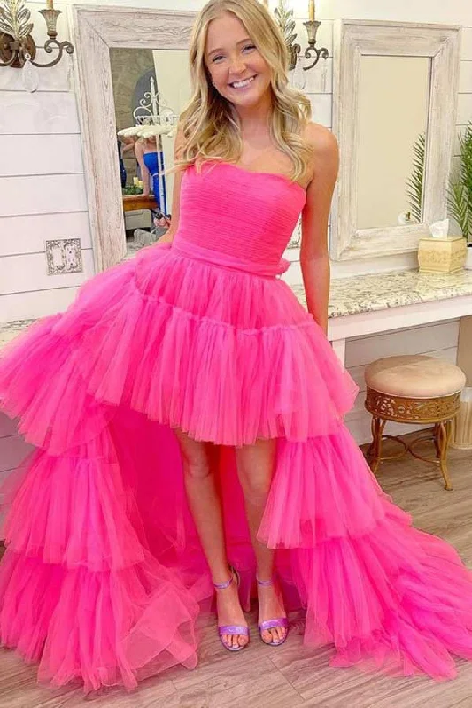 Hot Pink High Low Strapless Layered Tulle Prom Dress Long Party Dress Tunics Summer linen Hot Pink High Low Strapless Layered Tulle Prom Dress Long Party Dress Tunics Summer linen