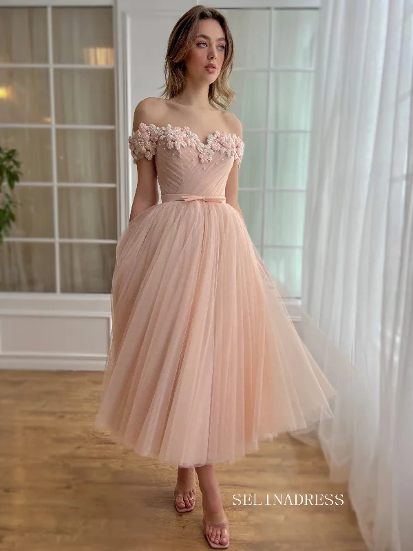Dusty Pink Off-the-shoulder Midi Prom Dress Beaded Flower Tulle Party Dress JKL3130 Turtleneck Neckline Stylish Dusty Pink Off-the-shoulder Midi Prom Dress Beaded Flower Tulle Party Dress JKL3130 Turtleneck Neckline Stylish