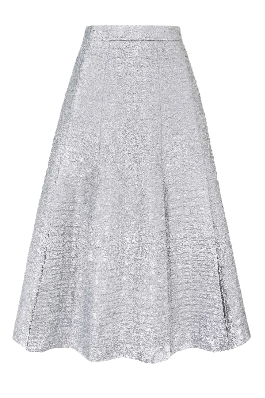 Kensie Skirt | Silver Metallic Seersucker pleated skirt texture