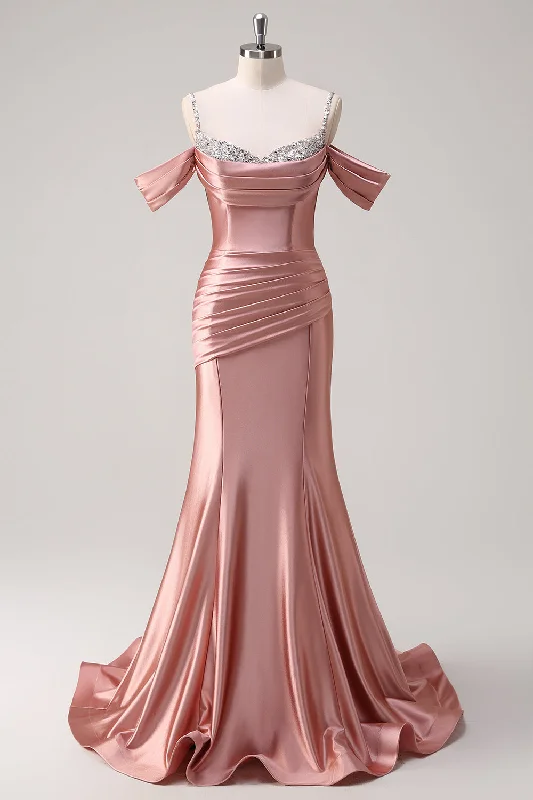 Glitter Blush Mermaid Cold Shoulder Ruched Long Prom Dress with Beading Elegant Long Evening Glitter Blush Mermaid Cold Shoulder Ruched Long Prom Dress with Beading Elegant Long Evening