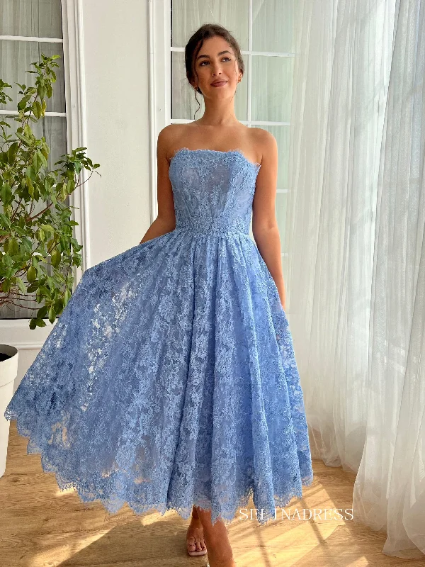 Sky Blue Strapless Lace Midi Prom Dress A line Short Party Dress JKL3125 Tunics Print Colorful