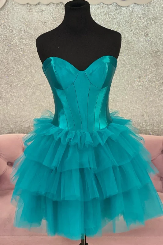 Sweetheart Teal A-line Short Ruffle Party Dress Mermaid Tail Wedding