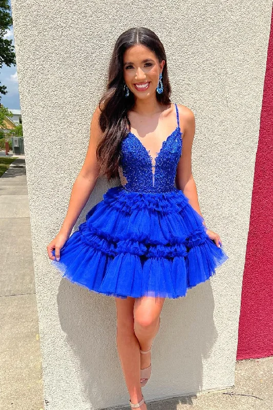 Straps Royal Blue Appliques Tiered Ruffle Short Party Dress High-Low Hemline Casual