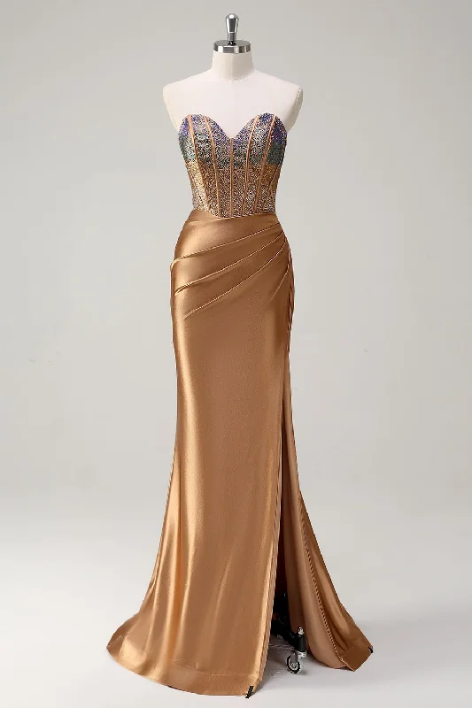 Brown Sweetheart Beaded Mermaid Satin Prom Dress with Slit Tunics Office stylish