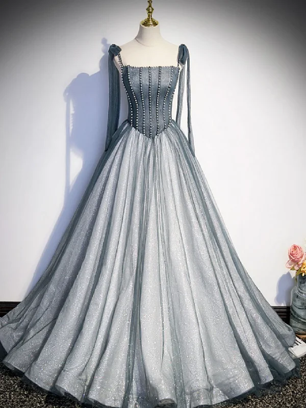 A Line Gray Long Prom Dresses, Tulle Gray Formal Graduation Dress with Beading Tunics Plaid country