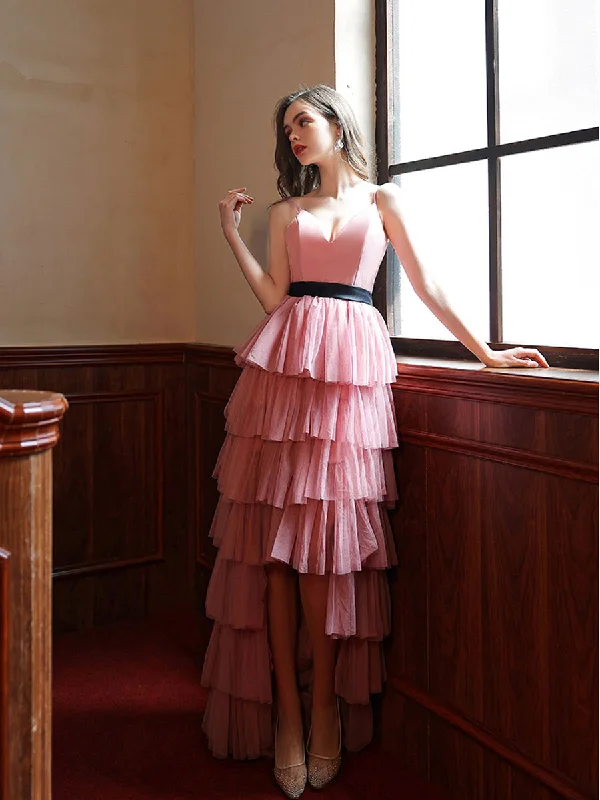 Pink V Neck High Low Long Prom Dress, Pink Tulle Formal Graduation Dresses Casual Short Summer Pink V Neck High Low Long Prom Dress, Pink Tulle Formal Graduation Dresses Casual Short Summer