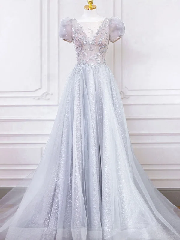 Gray Round Neck Tulle Lace Long Prom Dress, Gray Tulle Evening Dress Tunics Fashionable chic Gray Round Neck Tulle Lace Long Prom Dress, Gray Tulle Evening Dress Tunics Fashionable chic