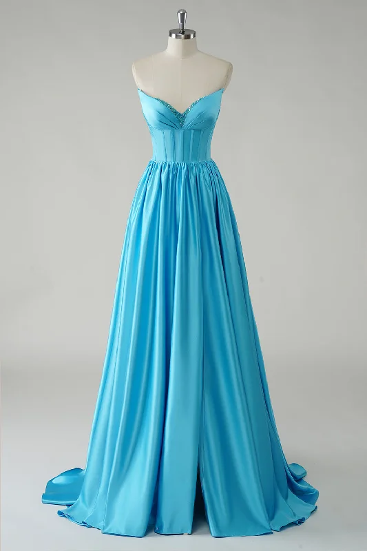 Sparkly Blue A-Line Strapless Sequin Corset Long Prom Dress Tunics Bridal satin