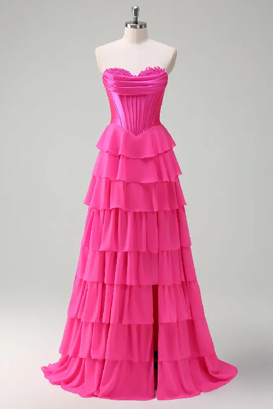 Fuchsia A Line Strapless Corset Tiered Prom Dress with Ruffles Tunics Sophisticated sleek Fuchsia A Line Strapless Corset Tiered Prom Dress with Ruffles Tunics Sophisticated sleek