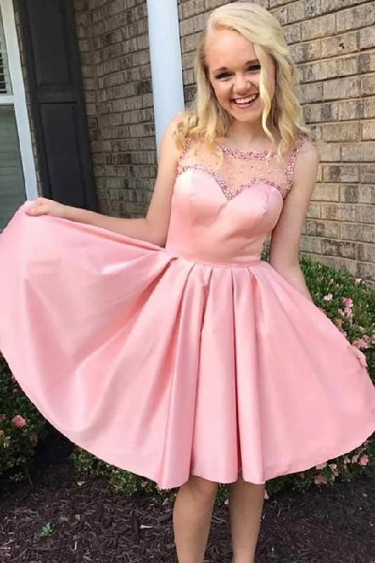 A-Line Round Neck Pink Satin Homecoming/Party Dress with Beading PD079 Tunics Luxurious premium A-Line Round Neck Pink Satin Homecoming/Party Dress with Beading PD079 Tunics Luxurious premium