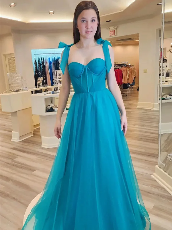 Jade Sweetheart Bow Tie Shoulder Tulle Long Prom Dress, Blue Long Tulle Formal Evening Dresses Tunics Office stylish