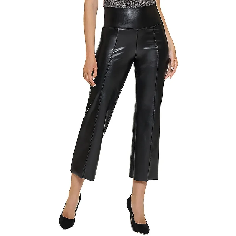 Hue Womens Faux Leather High Rise Flared Pants Chic Capri Pants