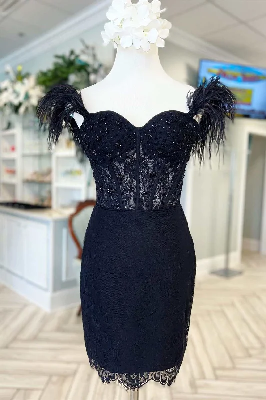 Black Lace Feather Sweetheart Short Party Dress Sequined Elegant Party
