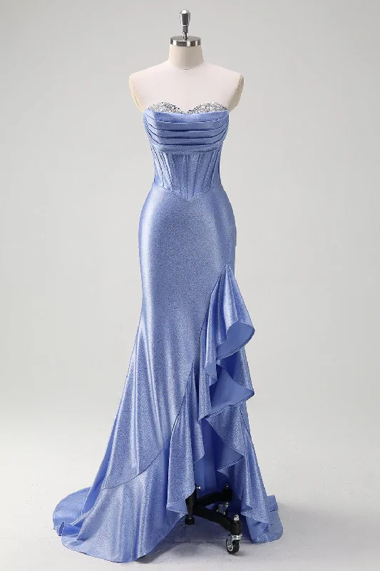 Sparkly Grey Blue Mermaid Strapless Ruffle Corset Satin Long Prom Dress with Slit Tunics Top rated Sparkly Grey Blue Mermaid Strapless Ruffle Corset Satin Long Prom Dress with Slit Tunics Top rated