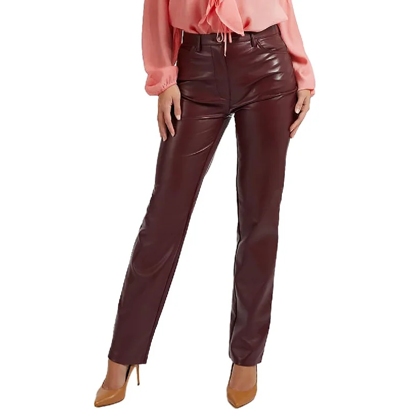 Guess Womens Kelly High Rise Faux Leather Straight Leg Pants Fashionable Sporty Pants