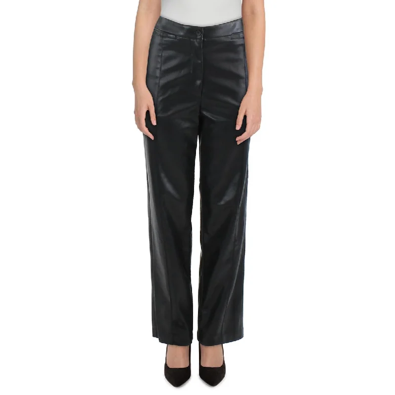 DKNY Womens Faux Leather High Rise Straight Leg Pants Comfy Athletic Pants