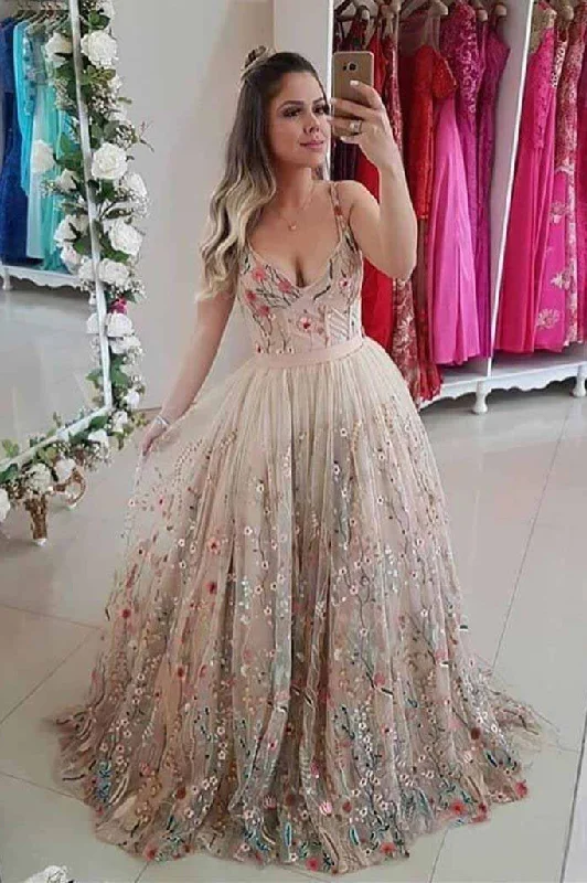 Spaghetti Strap A Line Floral Embroidery Prom Dress Long Formal Party Dress OKH48 Boat Neckline Classic Spaghetti Strap A Line Floral Embroidery Prom Dress Long Formal Party Dress OKH48 Boat Neckline Classic