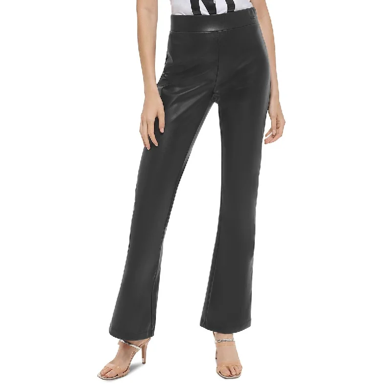 DKNY Womens High Rise Faux Leather Flared Pants Soft Stretch Pants