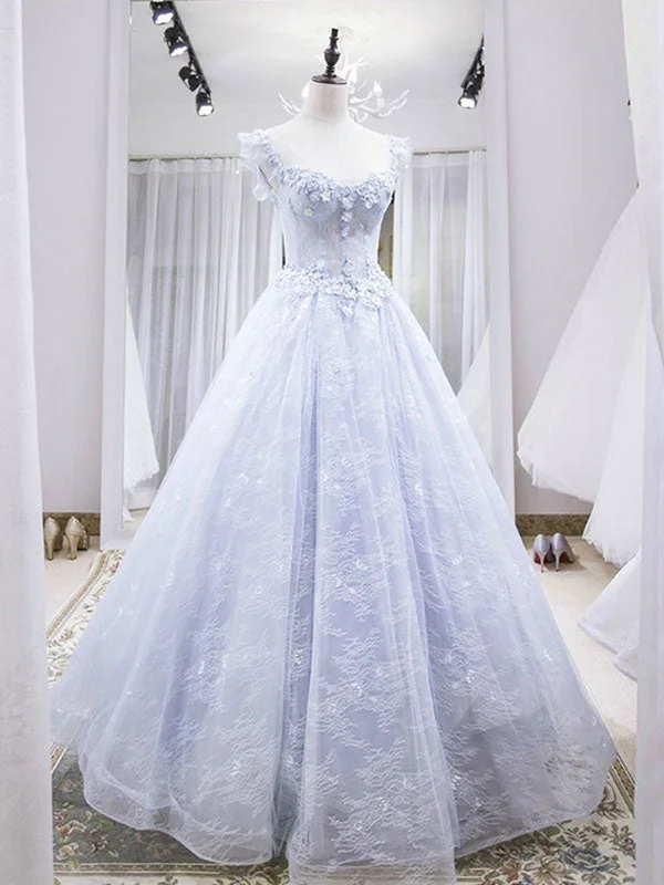 Light Blue Gray Lace Floral Prom Dresses, Blue Gray Lace Formal Graduation Dresses Off-the-shoulder Chic Trendy Light Blue Gray Lace Floral Prom Dresses, Blue Gray Lace Formal Graduation Dresses Off-the-shoulder Chic Trendy